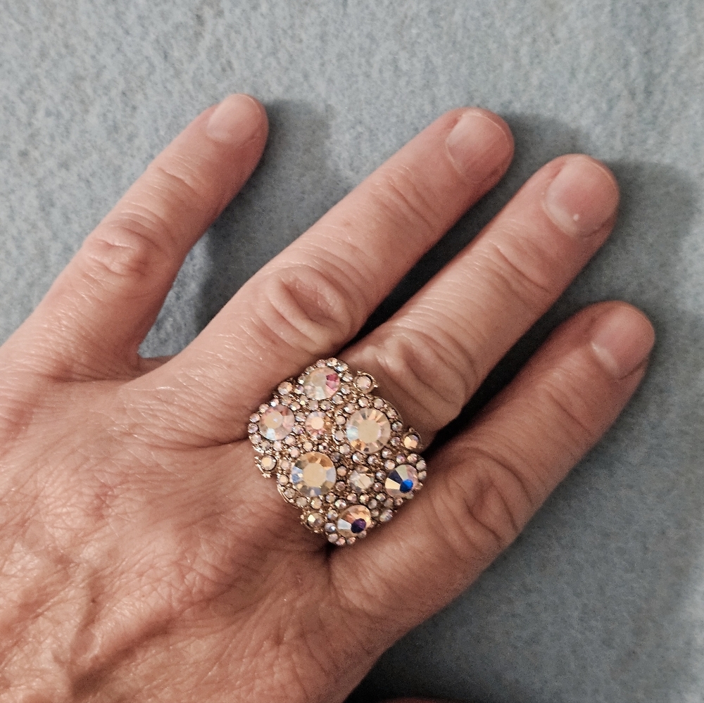 VTG Gold Tone Cocktail Ring Iridescent AB Rhinestones Segmented/ Stretch to Fit